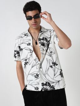 R&B - White Polycotton Relaxed Fit Cuban Collar Floral Men's Shirt