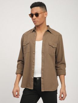 R&B - Brown Cotton Regular Fit Point Collar Solid Men's Shirt