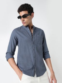 R&B - Blue Cotton Slim Fit Mandarin Collar Solid Long Sleeves Men's Shirt