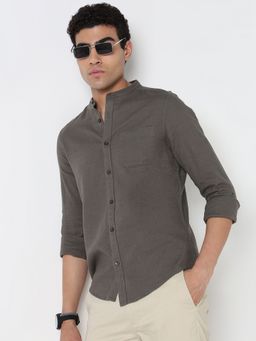 R&B - Grey Cotton Slim Fit Mandarin Collar Solid Long Sleeves Men's Shirt