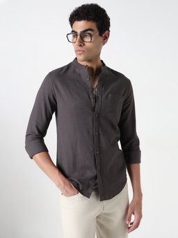 R&B - Grey Cotton Slim Fit Mandarin Collar Solid Long Sleeves Men's Shirt