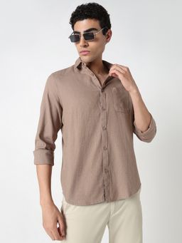 R&B - Khaki Cotton Regular Fit Spread Collar Solid Men's Shirt
