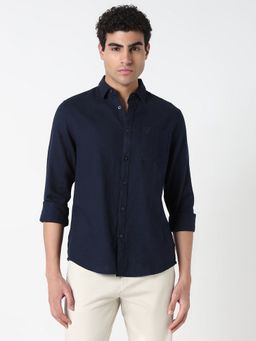 R&B - Navy Blue Cotton Regular Fit Spread Collar Solid Men's Shirt