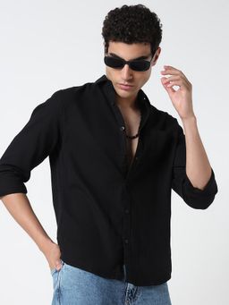 R&B - Black Cotton Regular Fit Spread Collar Solid Men's Shirt
