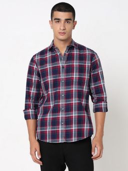 R&B - Red Cotton Regular Fit Point Collar Checked Men's Shirt