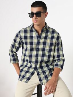 R&B - Blue Cotton Regular Fit Point Collar Checked Men's Shirt