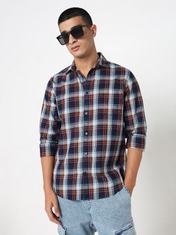 R&B - Navy Blue Cotton Regular Fit Spread Collar Checked Men's Shirt