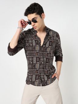 R&B - Brown Rayon Slim Fit Geometric Printed Men's Shirt