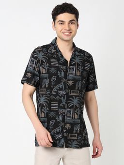 R&B - Black Rayon Regular Fit Cuban Collar Tropical Printed Men's Shirt