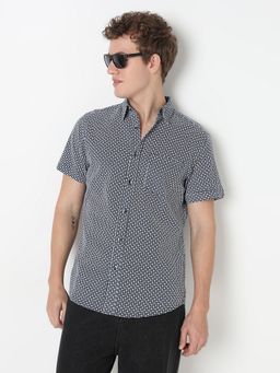 R&B - Navy Blue Cotton Linen Regular Fit Point Collar Geometric Men's Shirt