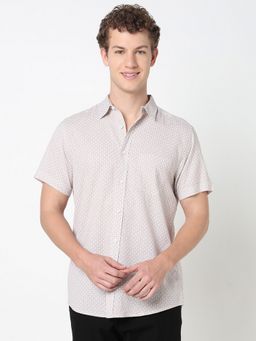 R&B - Beige Cotton Linen Regular Fit Point Collar Geometric Men's Shirt