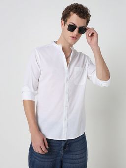 R&B - White Cotton Slim Fit Mandarin Collar Solid Men's Shirt