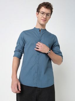 R&B - Blue Cotton Slim Fit Mandarin Collar Solid Men's Shirt