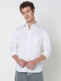 R&B - White Cotton Regular Fit Point Collar Solid Full Sleeve Men's Shirt