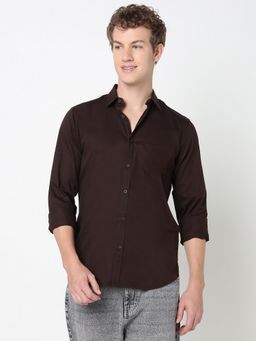R&B - Brown Cotton Regular Fit Point Collar Solid Full Sleeve Men's Shirt