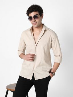 R&B - Beige Cotton Slim Fit Point Collar Striped Men's Shirt