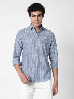 R&B - Blue Cotton Slim Fit Point Collar Striped Men's Shirt