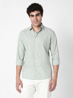 R&B - Green Cotton Slim Fit Point Collar Striped Men's Shirt