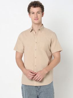 R&B - Beige Cotton Regular Fit Point Collar Solid Men's Shirt