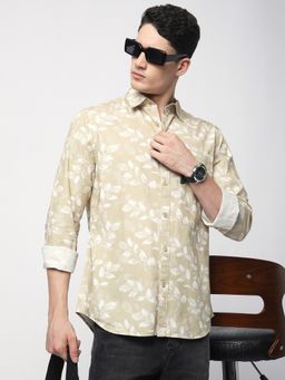 R&B - Beige Cotton Regular Fit Spread Collar Printed Men's Shirt