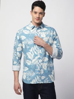 R&B - Blue Cotton Regular Fit Point Collar Printed Full Sleeves Men's Shirt