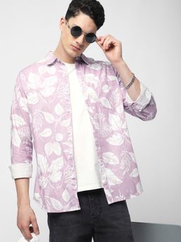 R&B - Mauve Cotton Regular Fit Point Collar Printed Full Sleeves Men's Shirt