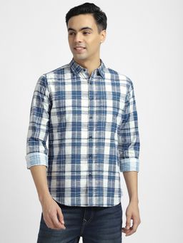 R&B - Navy Blue Cotton Regular Fit Point Collar Checked Full Sleeve Men's Shirt