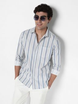 R&B - Blue Cotton Slim Fit Point Collar Striped Full Sleeves Men's Shirt