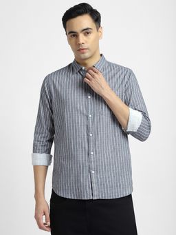 R&B - Grey Cotton Regular Fit Point Collar Striped Long Sleeves Men's Shirt