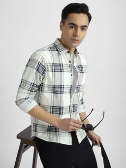 R&B - Ivory Cotton Regular Fit Point Collar Checked Full Sleeves Men's Shirt