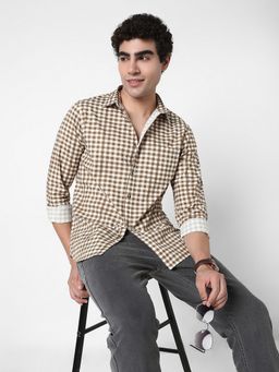R&B - Brown Cotton Regular Fit Point Collar Checked Full Sleeves Men's Shirt