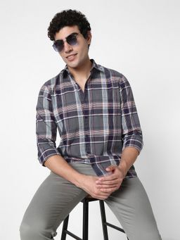 R&B - Grey Cotton Regular Fit Spread Collar Plaid Long Sleeves Men's Shirt