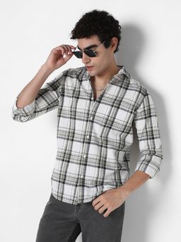 R&B - White Cotton Regular Fit Spread Collar Checked Men's Shirt