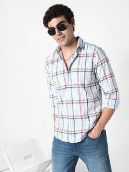 R&B - Blue Cotton Regular Fit Point Collar Checked Men's Shirt