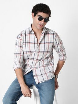 R&B - White Cotton Regular Fit Point Collar Checked Men's Shirt