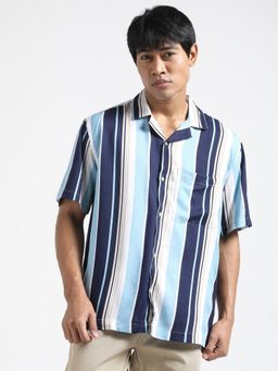R&B - Blue Rayon Slim Fit Cuban Collar Striped Men's Shirt