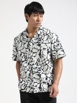 R&B - Black Cotton Slim Fit Cuban Collar Floral Men's Shirt