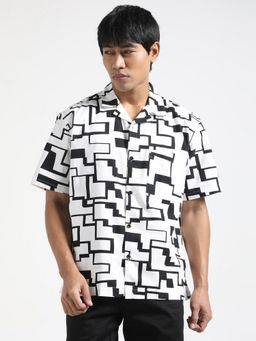 R&B - White Cotton Relaxed Fit Cuban Collar Geometric Men's Shirt