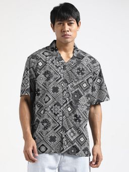 R&B - Black Rayon Relaxed Fit Lapel Collar Paisley Printed Men's Shirt