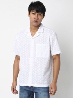 R&B - Men's White Embroidered Half Sleeves Shirt