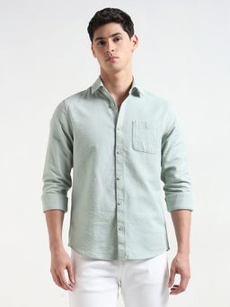 R&B - Green Cotton Regular Fit Point Collar Textured Full Sleeve Men's Shirt