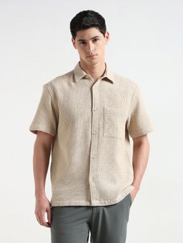 R&B - Beige Cotton Loose Fit Textured Short Sleeves Men's Shirt