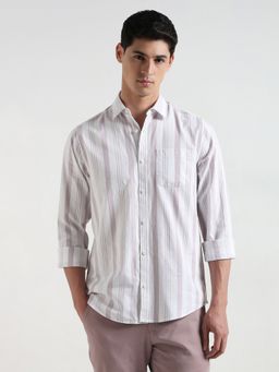 R&B - Mauve Cotton Slim Fit Collar Striped Full Sleeves Men's Shirt