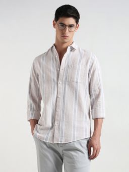 R&B - Ivory Cotton Regular Fit Spread Collar Striped Men's Shirt