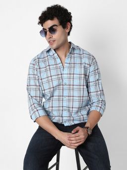 R&B - Blue Cotton Regular Fit Spread Collar Checked Men's Shirt