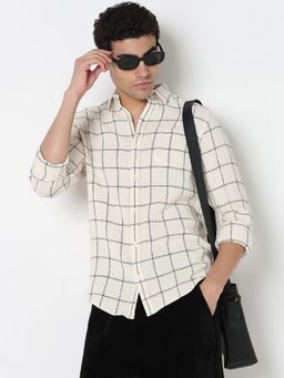 R&B - Ivory Cotton Regular Fit Spread Collar Checked Men's Shirt