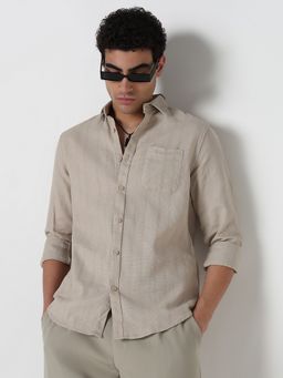 R&B - Beige Cotton Regular Fit Point Collar Solid Full Sleeves Men's Shirt