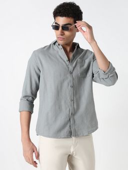 R&B - Grey Cotton Regular Fit Point Collar Solid Full Sleeves Men's Shirt