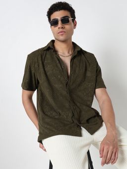 R&B - Olive Polycotton Loose Fit Solid Textured Men's Shirt