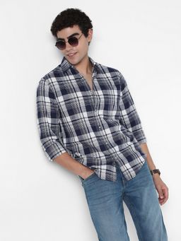R&B - Navy Blue Cotton Regular Fit Checked Full Sleeves Men's Shirt